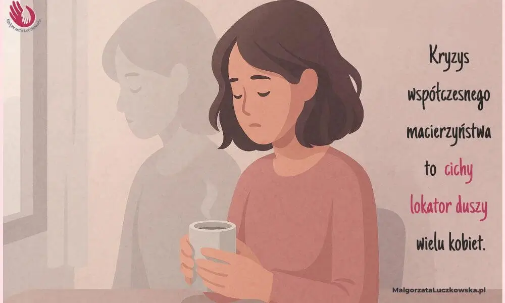 grafika współczesne macierzyństwo. Kobieta smutna siedzi przy&nbsp;stole, obrazek że&nbsp;Krysy współczesnego macierzyństwa to cichy lokator duszy kobiety